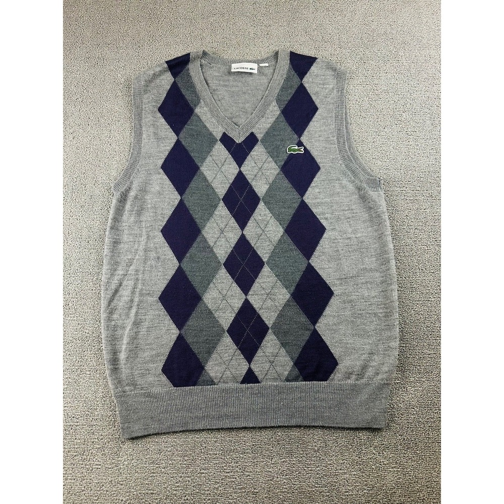 Lacoste Sweater Vest Men M Gray Blue Wool Blend Pullover Argyle Preppy Golf